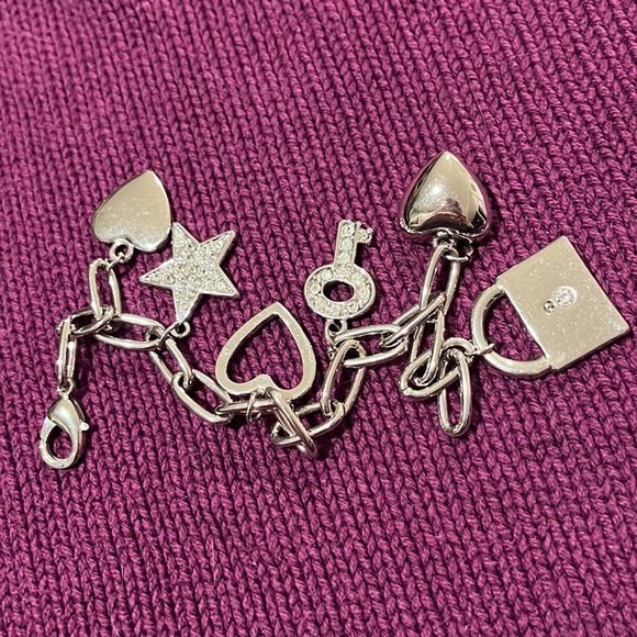 Charm Bracelet with Hearts, Rhinestone Star and Lock and Key in Silver-Tone - Picture 4 of 8